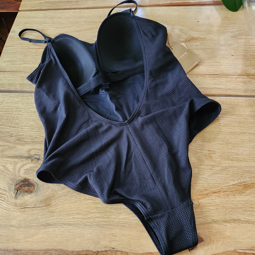 NWT Bond-Eye Black Delicate One Piece Swimsuit Size US10 Low Back Thin Straps - Picture 2 of 6